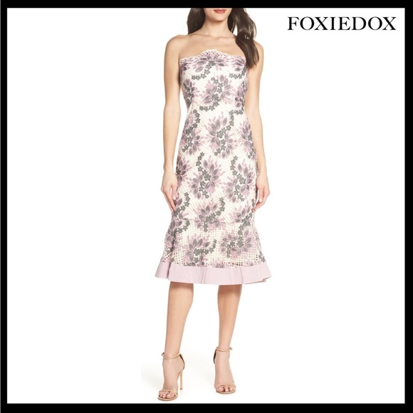 strapless lace midi dress